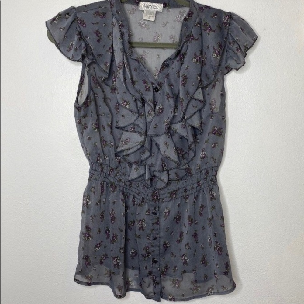 Kirra Grey Floral Ruffle Button Up Sheer Blouse